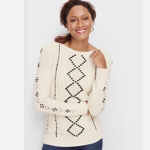 TALBOTS Women's L Velvet Ribbon
Sweater Cream Cable Knit Black
Ribbon
